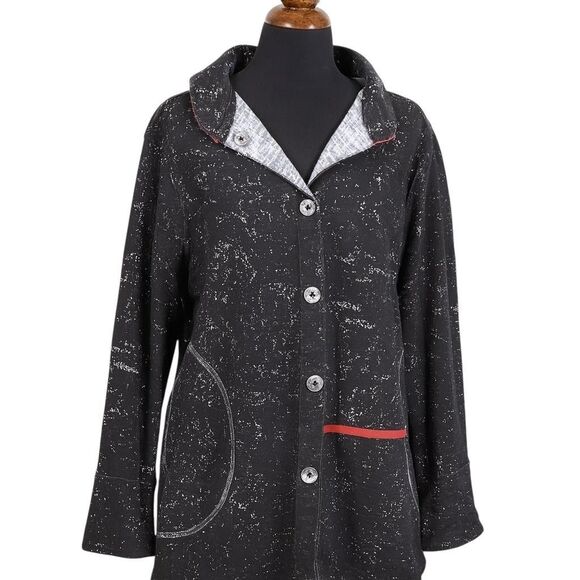 Parsley & Sage Jacket Womens Large Black Gray White Reversible Button Pocket Art - Picture 1 of 11